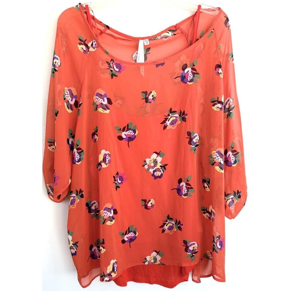 Bellatrix Blouse Women 2X 2 Pc Set Floral Sheer Roll Tab Sleeve Layered Top USA